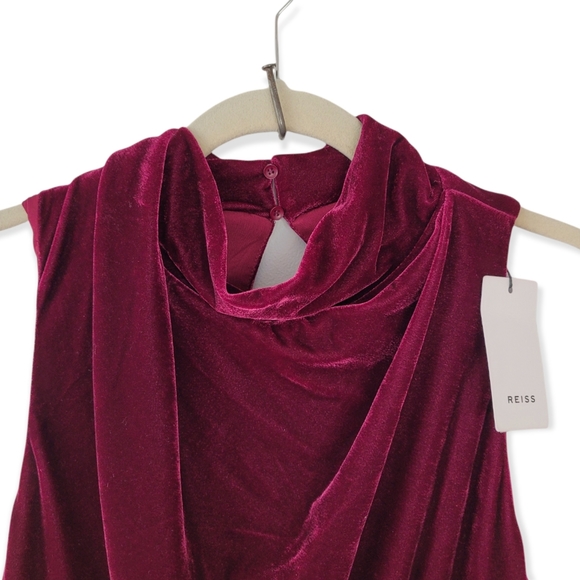 REISS JOAN Berry Red Sleeveless Open Back High Neck Velvet Straight Leg Jumpsuit - Picture 8 of 16